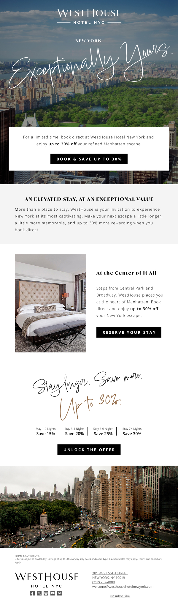 Promotional email for Westhouse New York, Book Direct campaign