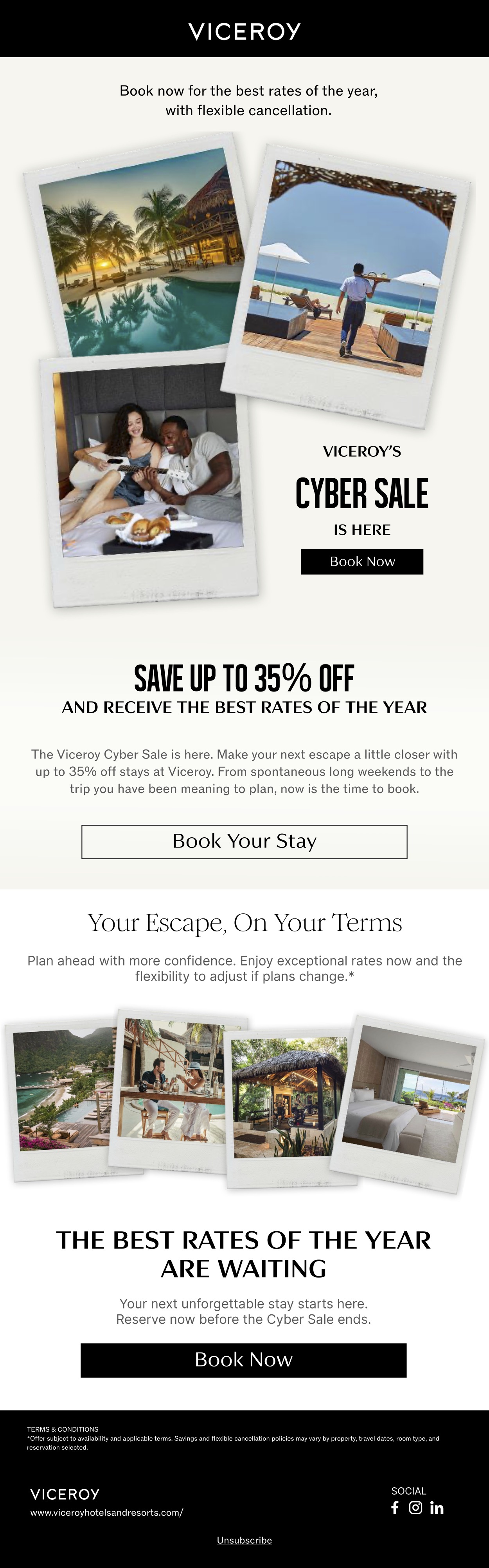 Promotional email for Viceroy Hotels, Cyber Sale campaign