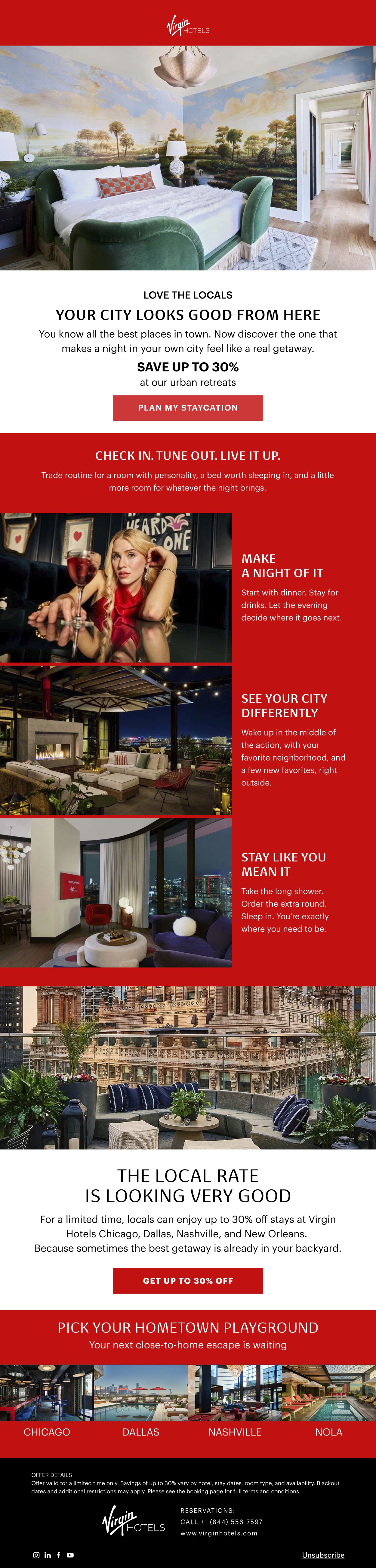 Promotional email for Virgin Hotels, Love the Locals campaign